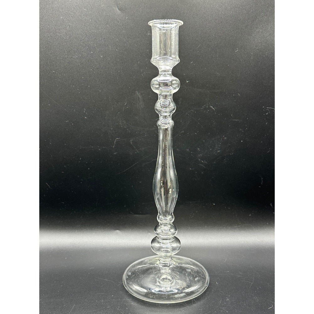 Vintage Clear Hand Blown Glass Taper Candlestick Holder Baluster Stem 10.75"